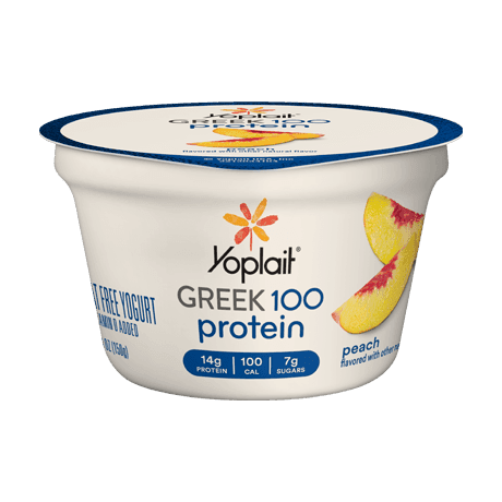 Yoplait Greek 100 Protein Peach Yogurt, front of product.