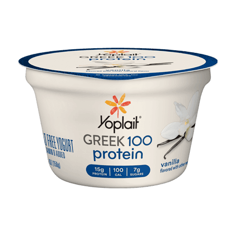 Yoplait Greek 100 Protein Vanilla Yogurt, front of product.