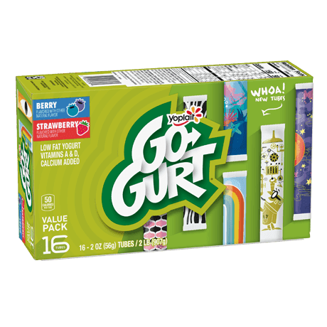 Yoplait Go-GURT 16 Count Berry & Strawberry Yogurt Tubes, front of product.