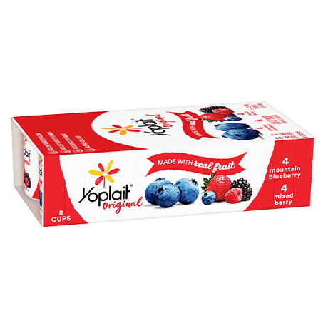 Yoplait Original 8 Count Mountain Blueberry & Mixed Berry, front of product.
