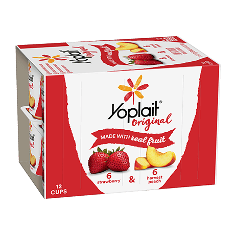 Yoplait Original 12 Count Strawberry & Harvest Peach, front of product.