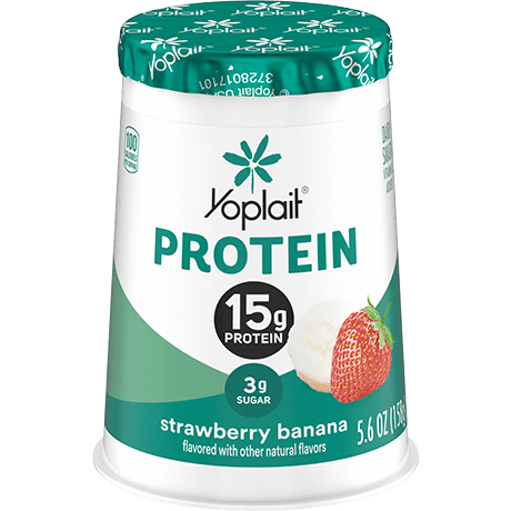 Yoplait protein strawberry banana yogurt single serve, front of package