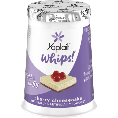 Yoplait whips cherry cheesecake, front of package.