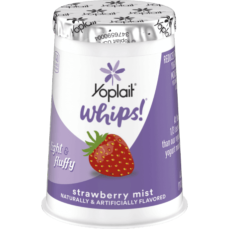 Yoplait whips strawberry mist, front of package.