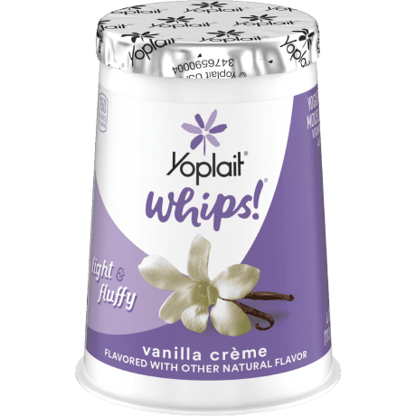 Yoplait whips vanilla crème, front of package.