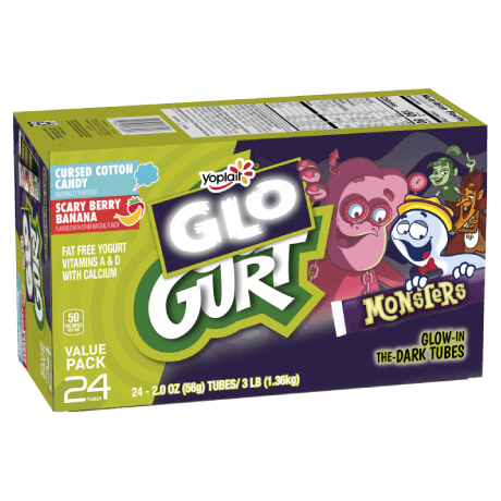 Yoplait Go-GURT 24 Count Cursed Cotton Candy & Scary Berry Banana Yogurt Tubes, front of product.