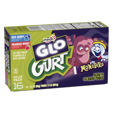 Yoplait Go-GURT 16 count Boo Berry & Franken Berry yogurt Tubes, front of product.