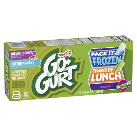 Yoplait Go-GURT 8 count Melon Berry and Count Cotton Candy, front of product.