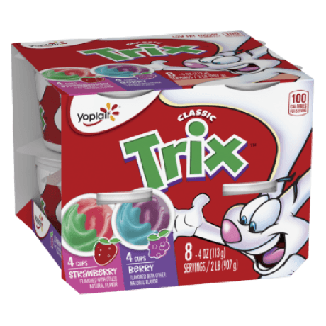 Carton of Yoplait Trix Yogurt in Berry and Strawberry flavor, front of product.