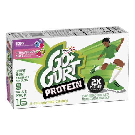 Go gurt protein berry and strawberry kiwi 16 ct, front of the package