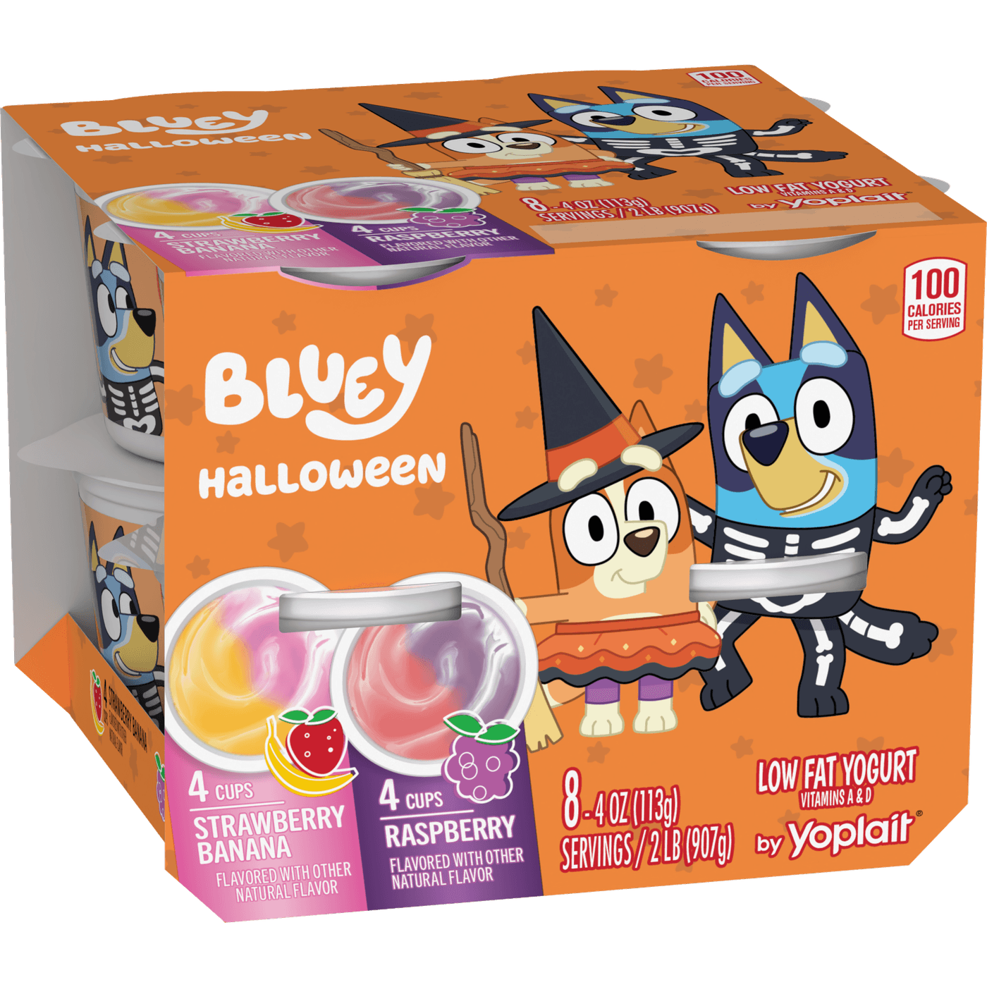 Yoplait Bluey Halloween Kids Yogurt Variety Pack, Strawberry Banana and Raspberry, Gluten Free, 8 Yogurt Cups, front of package