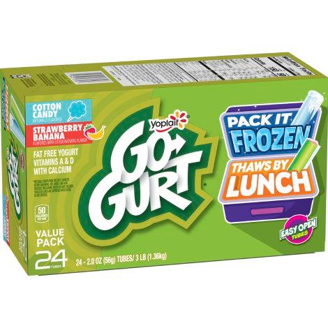A 24 tube pack of Yoplait Go-GURT with 12 Strawberry Banana flavor and 12 Cotton Candy flavor.