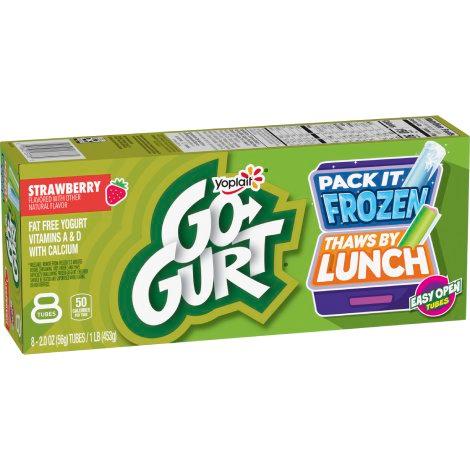 An 8 tube pack of Yoplait Go-GURT Strawberry flavor.