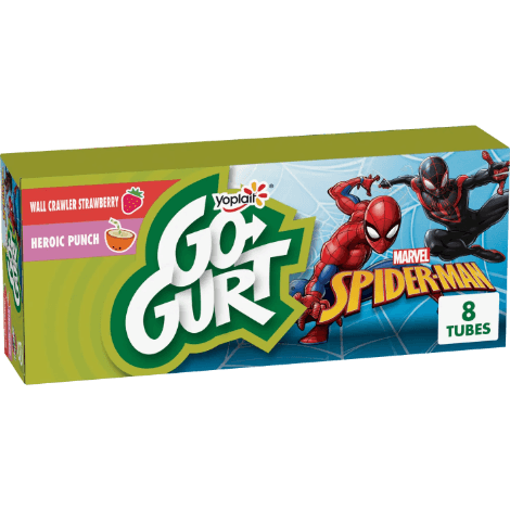 An 8 tube pack of Yoplait Go-GURT in Marvel Spider-man design with 4 Wall Crawler flavor and 4 Heroic Punch flavor.