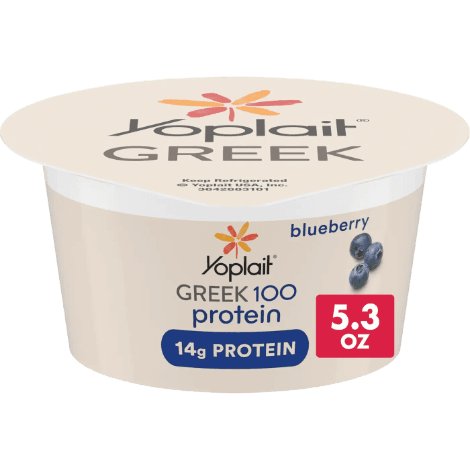 A 5.3oz tub of Yoplait Greek 100 Single Serve Blueberry flavor.