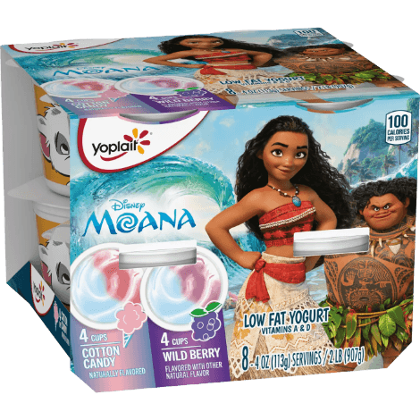 An 8 cup pack of Yoplait Kids yogurt in Disney Moana design with 4 Cotton Candy flavor and 4 Wild Berry flavor.