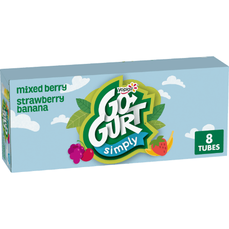 An 8 tube pack of Yoplait Go-GURT Simply with 4 Mixed Berry flavor and 4 Strawberry Banana flavor.