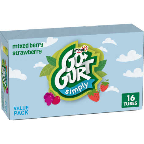 A 16 tube pack of Yoplait Go-GURT Simply with 8 Mixed Berry flavor and 8 Strawberry flavor.