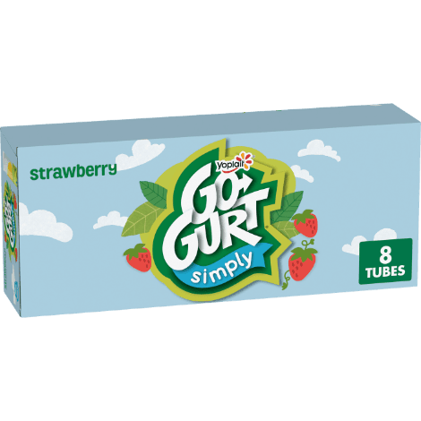 An 8 tube pack of Yoplait Go-GURT Simply Strawberry flavor.