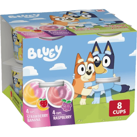An 8 cup pack of Yoplait Kids yogurt in Bluey design with 4 Strawberry Banana flavor and 4 Raspberry flavor.